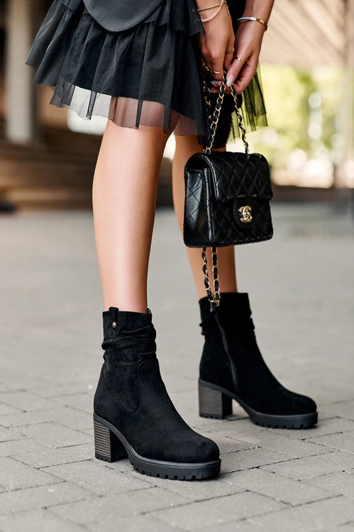 Marszczone Zamszowe Botki Czarne Melseo