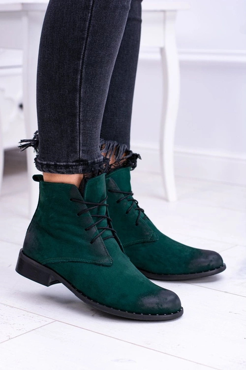 Skórzane Zielone Damskie Botki Z Koronką Millano