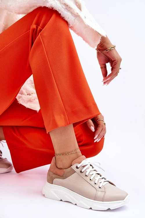 Wygodne Skórzane Buty Sportowe Na Platformie Beżowe Alisane