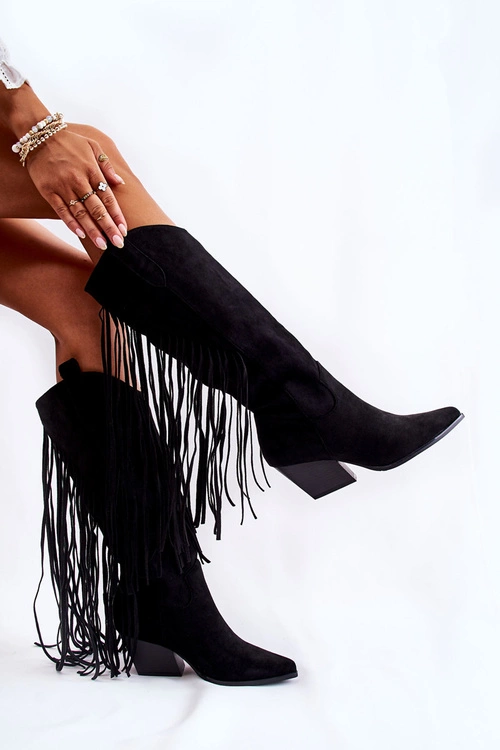 Damskie Zamszowe Kozaki Kowbojki Z Frędzlami Czarne Simplo