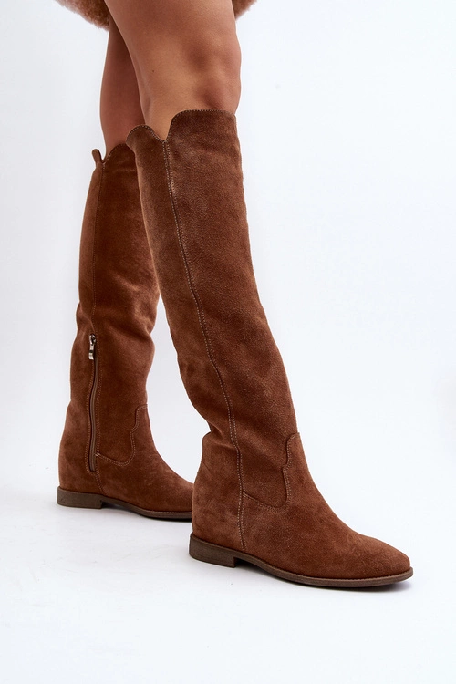 Zazoo 3407 Zamszowe Kozaki Do Kolana Na Płaskim Obcasie Camel