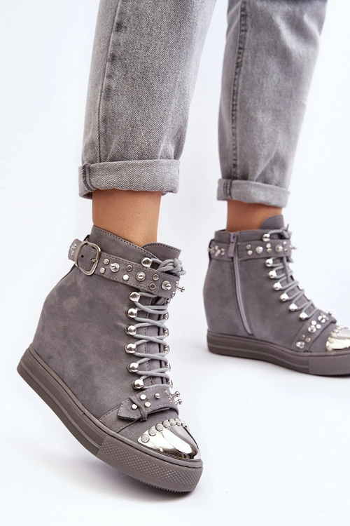 Ocieplane Botki Na Koturnie Z Dżetami Zamszowe Lu Boo Szare