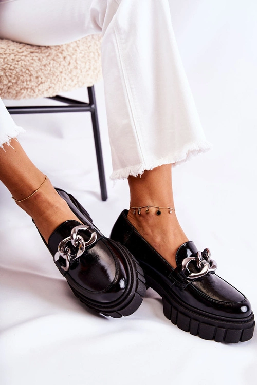 Damskie Półbuty Loafery Skórzane Czarno-Srebrne Laura Messi 2339