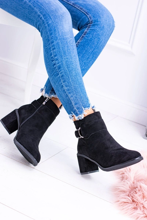 Damskie Czarne Botki Na Słupku Z Klamrą Zamsz Evoret