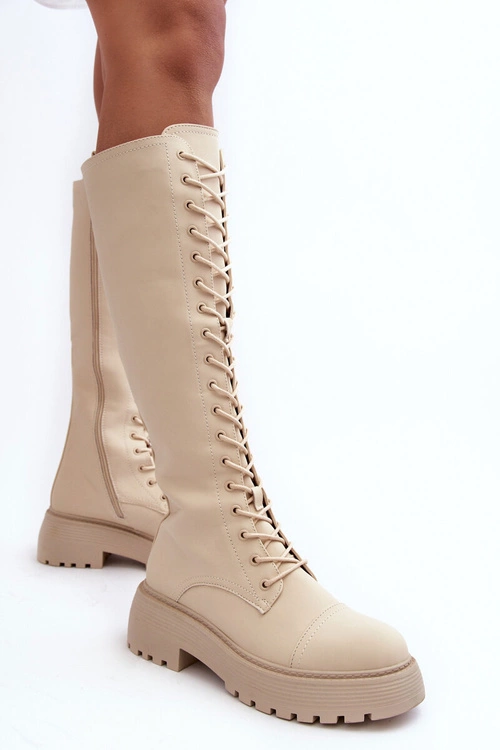 Sznurowane Ocieplane Kozaki Glany Przed Kolano Beżowe Bergdis