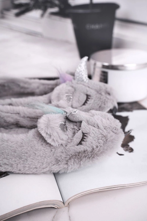 Papcie Damskie Futrzane Jednorożce Szare Rainbow