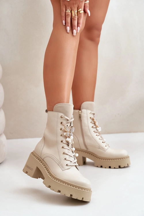 Skórzane Botki Workery Damskie Z Motylem Beżowe CheBello 4590