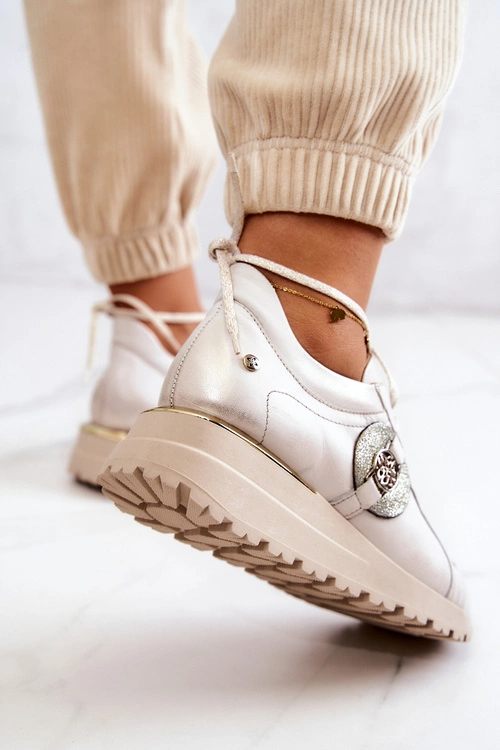 Skórzane Buty Sportowe Na Koturnie Maciejka 05492-04 Beżowe