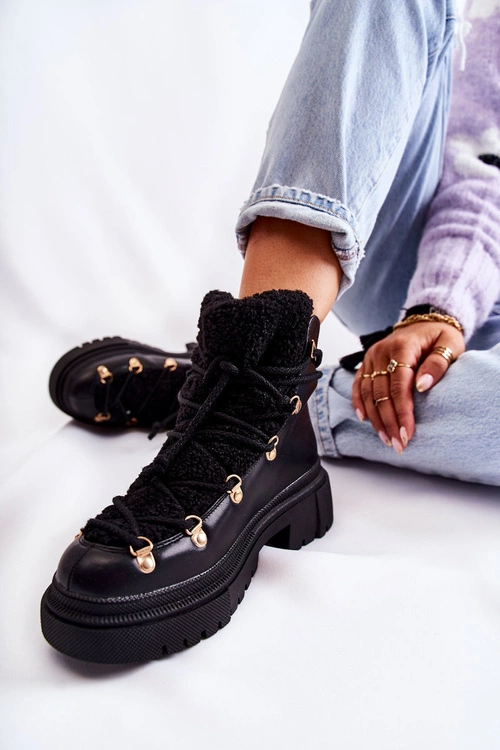 Skórzane Ocieplane Botki Trapery Czarne Arisa