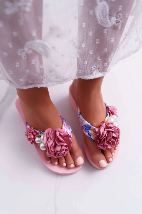 Damskie Klapki Z Kwiatem Japonki Na Koturnie Różowe Sharme