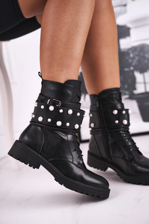 Damskie Ocieplane Botki z Perełkami Czarne Mishigan