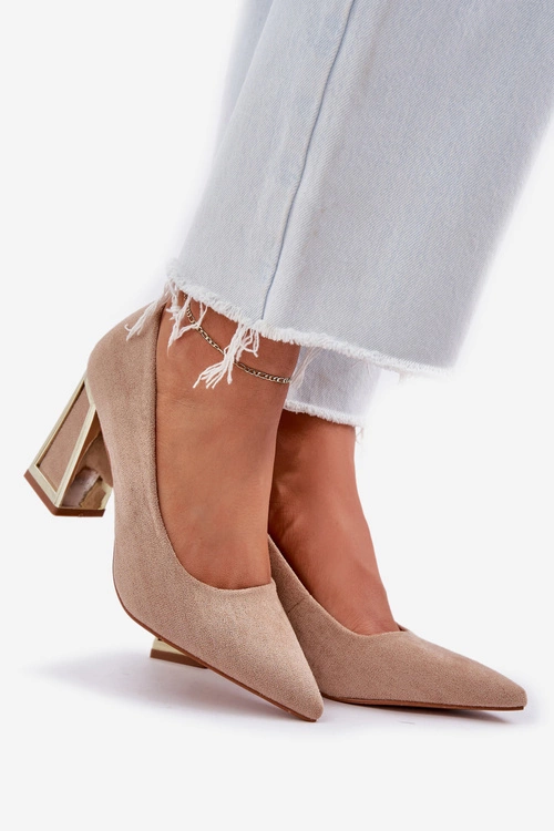 Eleganckie Czółenka Na Słupku Szpiczaste Noski Ciemnobeżowe Falseki