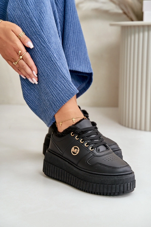 Sneakersy Buty Sportowe Damskie Ocieplane Na Masywnej Podeszwie Czarne Verissha
