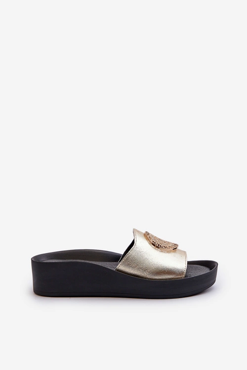 Zazoo 2920 Skórzane Klapki Damskie Na Koturnie Ze Złotym Detalem Złote