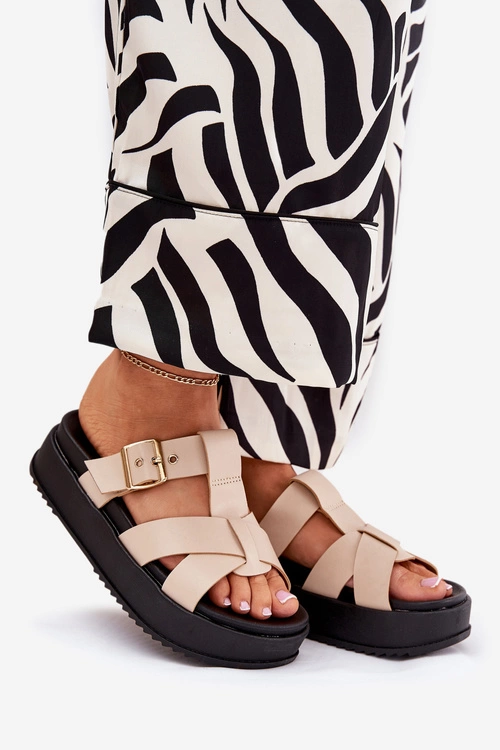 Klapki Damskie Na Platformie Z Paskami I Klamrą Beżowe Elimessa