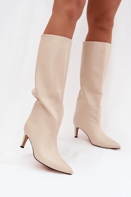 Kozaki Damskie Wsuwane Ocieplane Na Szpilce Jasnobeżowe Olivienne