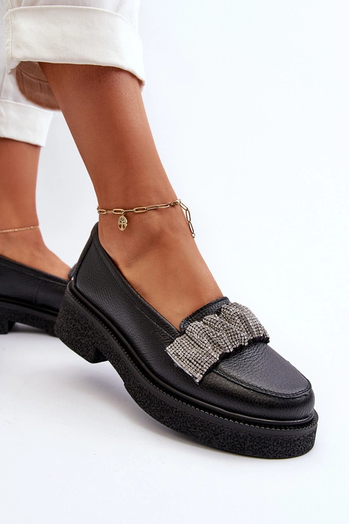 Zazoo 3419 Mokasyny Damskie Skórzane Z Ozdobnym Paseczkiem Czarne