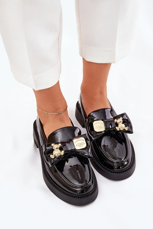Lakierowane Mokasyny Z Kokardą I Ozdobną Broszką Czarne Leandriel
