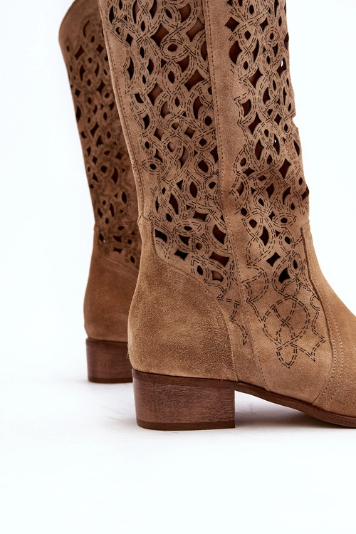 Zazoo 3403 Ażurowe Kozaki Damskie Na Niskim Obcasie Beżowe