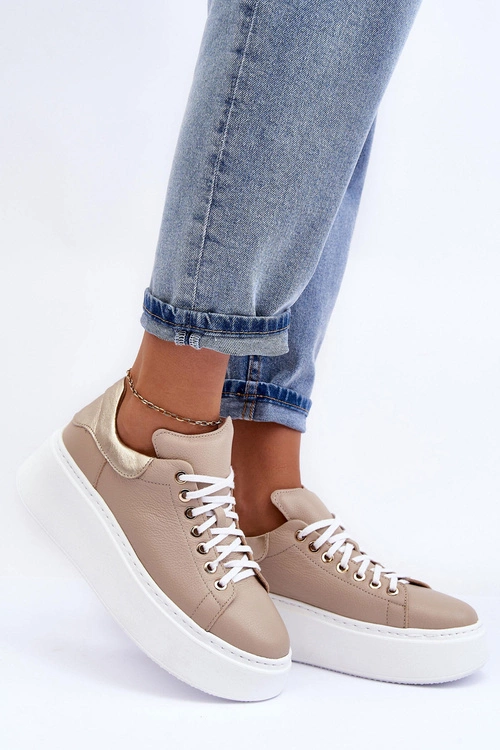 Damskie Buty Sportowe Skórzane na Platformie Beżowe Lemar 10150