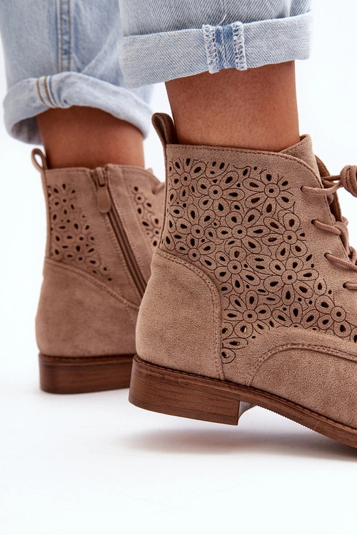 S.Barski HY66-136 Damskie Botki Ze Wzorem Beżowe