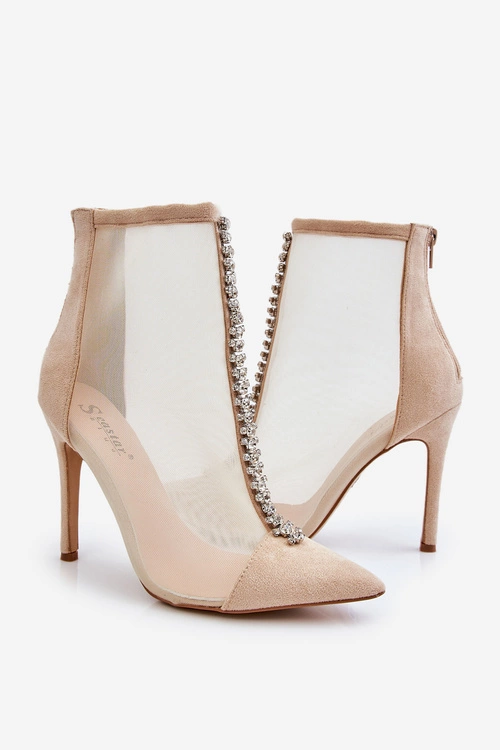 Modne Damskie Botki Na Szpilce Z Siateczką Beżowe Rummi