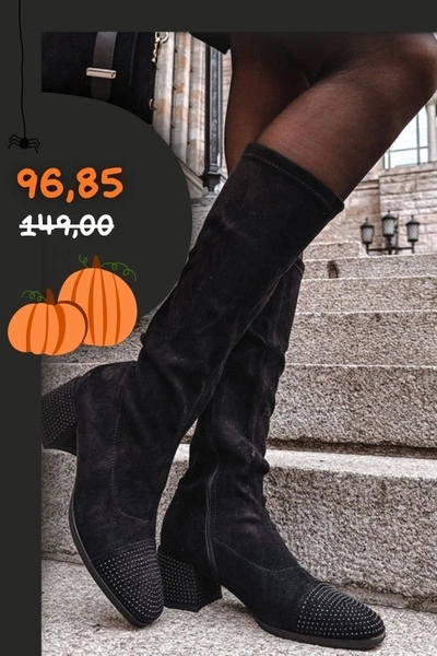 Kozaki Damskie Ze Zdobieniem Na Klocku Eko Zamszowe Czarne Ivanna