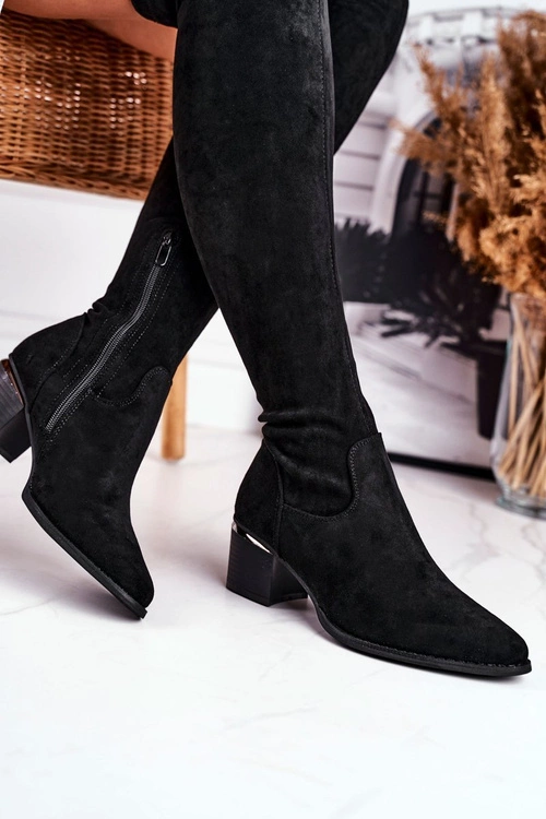 Kozaki Damskie Do Kolana Eko-Zamsz Czarne Indigo