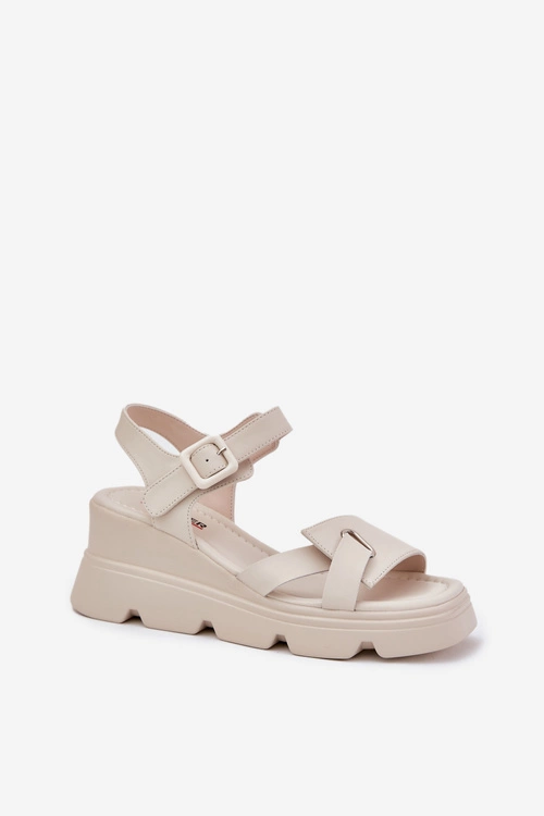 Skórzane Sandały Damskie Na Koturnie Artiker 54C1624 Beżowe