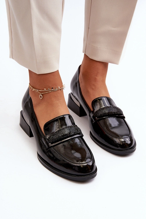 Damskie Półbuty Lakierowane Na Niskim Obcasie Czarne Marilni