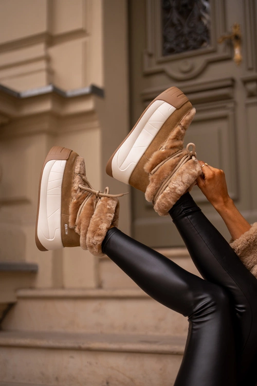 Skórzane Śniegowce Damskie Na Grubej Podeszwie Z Futerkiem Big Star OO274A207 Brązowe