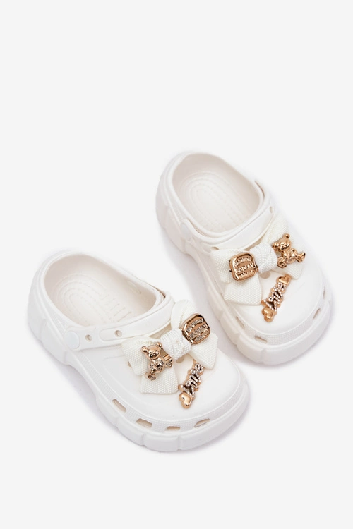 Klapki Dziecięce Dziewczęce Piankowe Z Kokardką I Ozdobami Białe Selvana