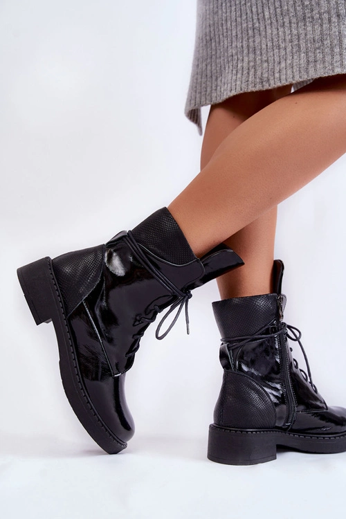 Damskie Lakierowane Botki Sznurowane Czarne Laverda