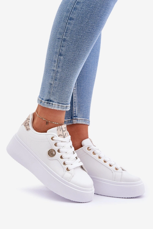 Eko Skórzane Sneakersy Na Platformie Ze Złotym Detalem Biało-Beżowe Zingie