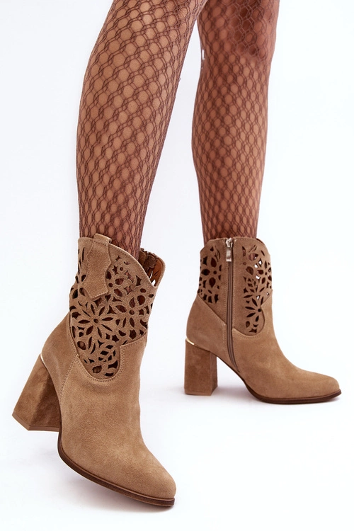 Zamszowe Ażurowe Botki Lewski Shoes 3264 Ciemnobeżowe