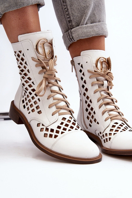 Zazoo 2695 Ażurowe Skórzane Botki Białe