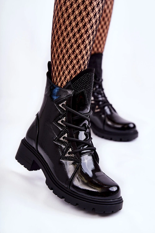 Lakierowane Ocieplane Botki Z Dżetami Czarne Gwen