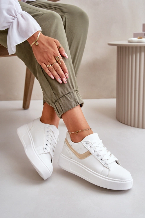 Trampki Sneakersy Damskie Na Platformie Z Eko Skóry Biało-Złote Brennessa