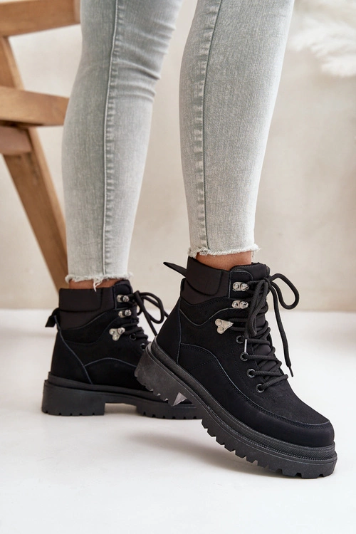 Botki Trapery Damskie Sznurowane Czarne Rabaria