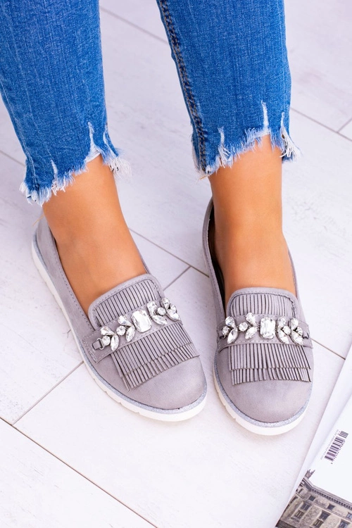 Szare Zamszowe Mokasyny z Kryształami Vivaro