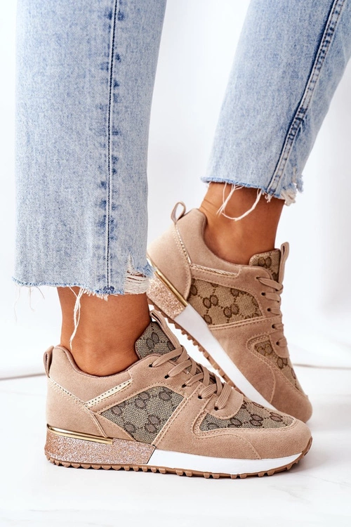 Sportowe Buty Sneakersy Beżowo-Złote Aruba