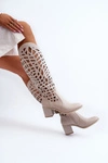 Ażurowe Kozaki Na Obcasie Beżowe Pinkema