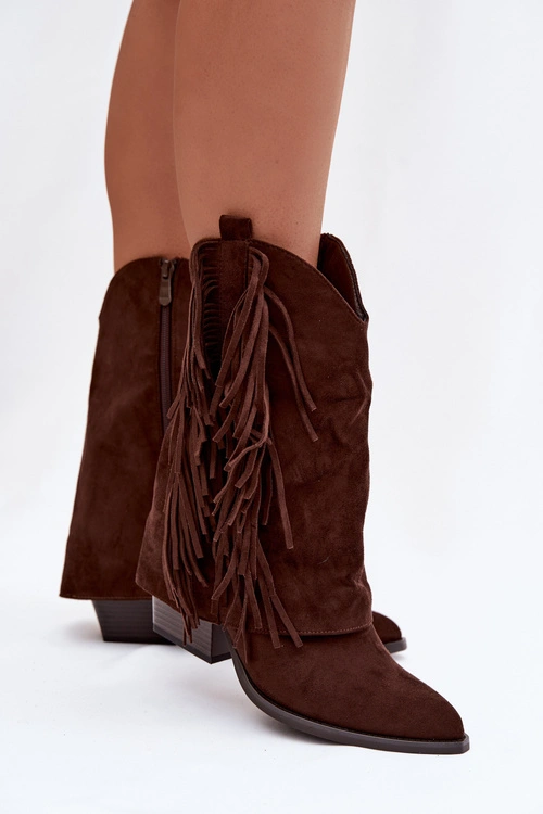 Botki Kowbojki Damskie Z Frędzlami Na Słupku Czekoladowe Gralina