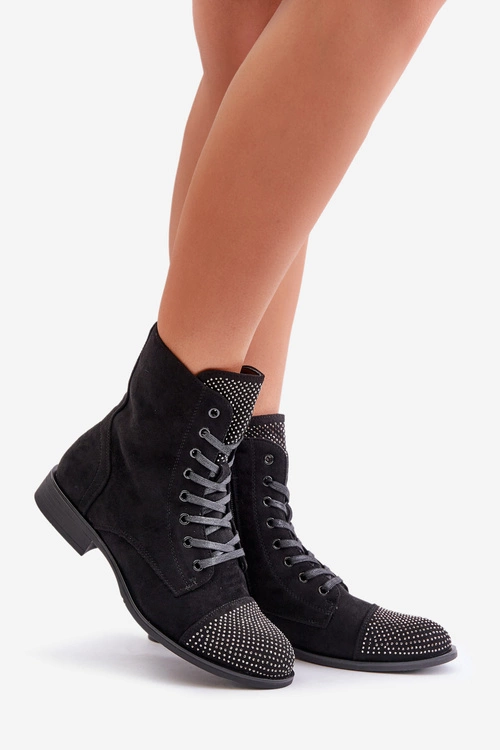 Zdobione Botki Na Płaskim Obcasie Eko Zamszowe Ocieplane Czarne Ellieo