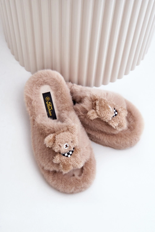 Futrzane Kapcie Damskie Z Misiem Beżowe Romania