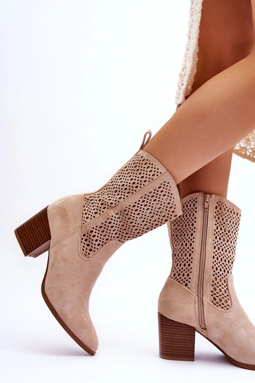 Damskie Wysokie Zamszowe Botki Kowbojki Beżowe Turner