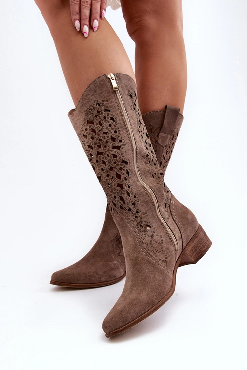 Zazoo 3403 Ażurowe Kozaki Damskie Na Niskim Obcasie Ciemnobeżowe