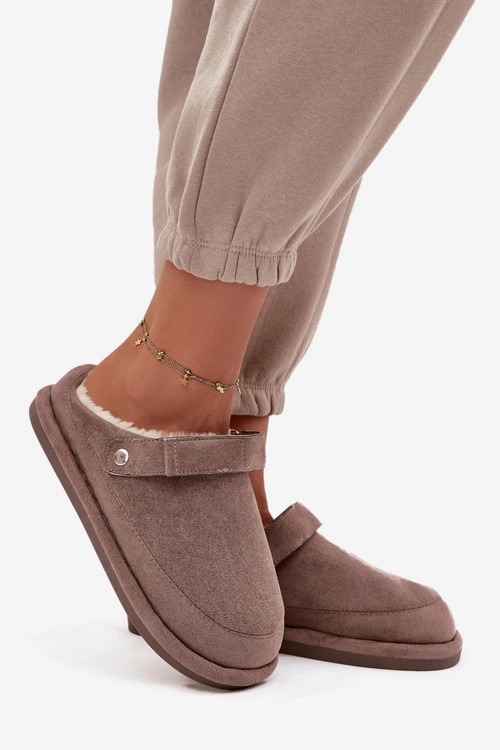 Kapcie Damskie Z Paskiem Ocieplane Futerkiem Ciemnobeżowe Rilena