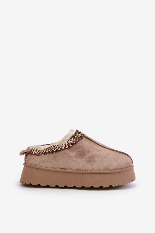 Kapcie Śniegowce Na Platformie Z Haftem Ciemnobeżowe Tamilda