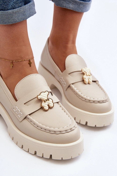 Skórzane Półbuty Mokasyny Z Misiem CheBello 4291 Jasnobeżowe